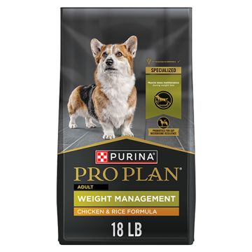 A bag of Purina Pro Plan Weight Management chicken and rice dry dog food.