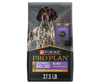 A bag of Purina Pro Plan Veterinary Diets Adult Performance 30/20 Chicken & Rice Formula dry dog food.