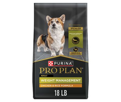 A bag of Purina Pro Plan Weight Management chicken and rice dry dog food.