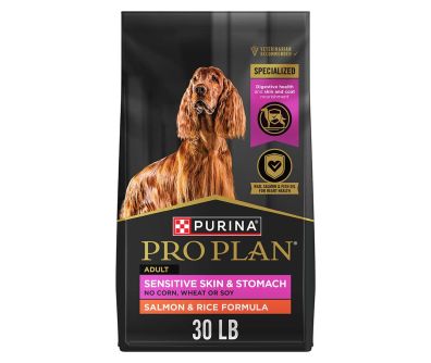 30 lb. bag of Purina Pro Plan Sensitive Skin & Stomach salmon and rice dry dog food